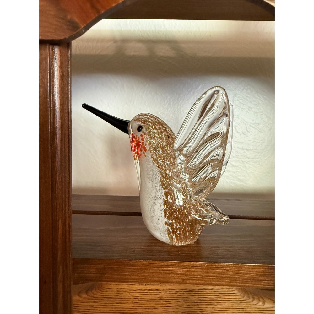 Dynasty Gallery Handcrafted Art Glass Hummingbird Figurine Gold White Clear